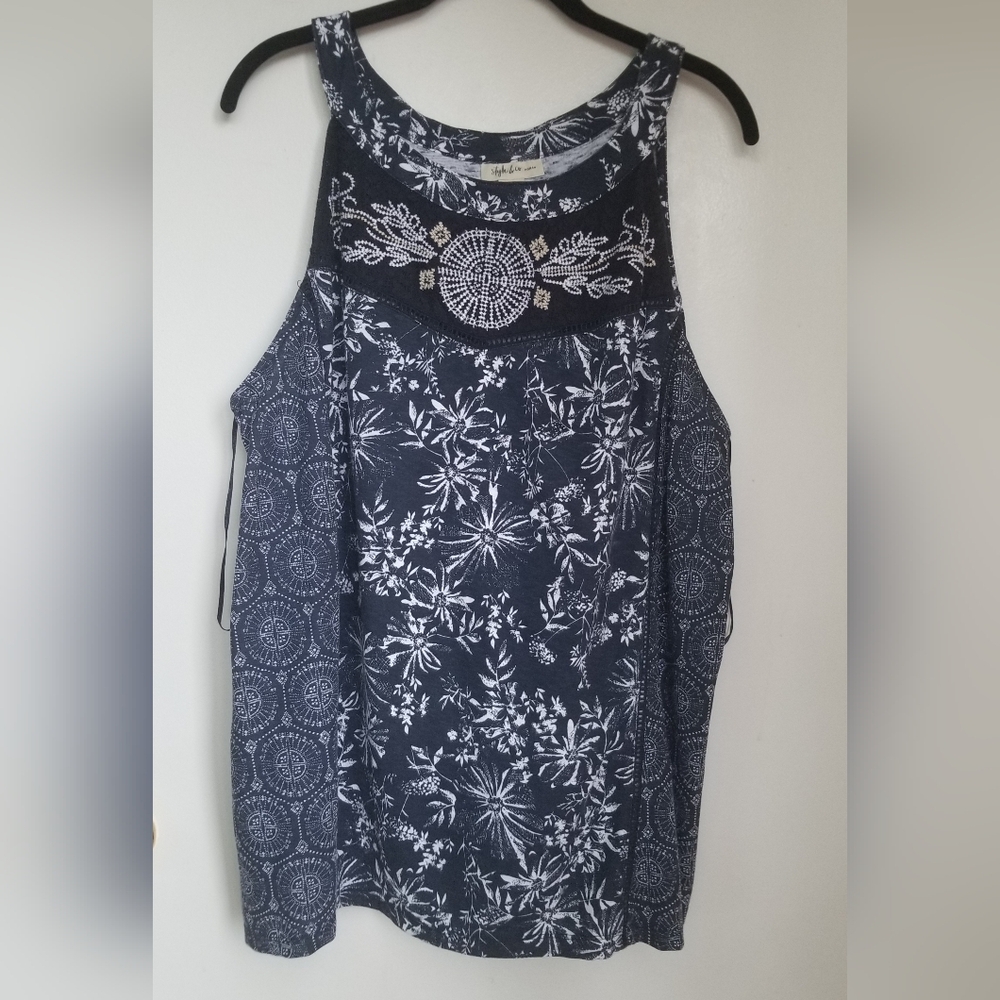 Style & Co. Blue and White Ornate Tank Top 2X